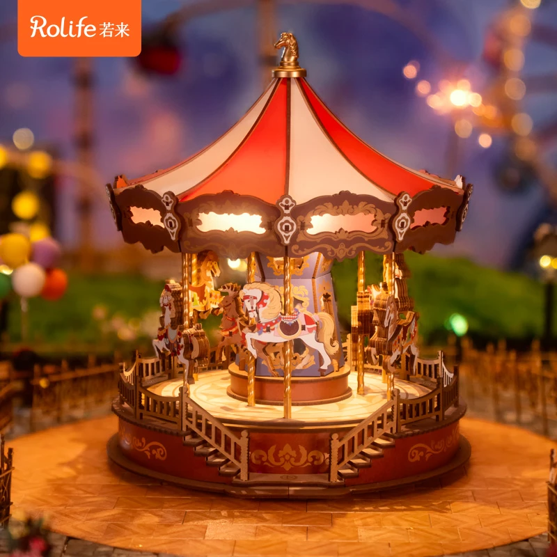 rolife/若来旋转木马八音盒diy手工拼装音乐盒积木玩具生日礼物女