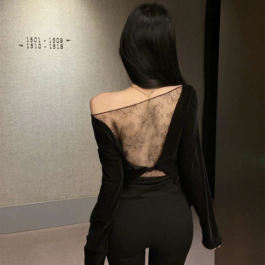 纯欲辣妹一字肩露背上衣女秋冬不规则长袖t恤丝绒蕾丝打底衫内搭