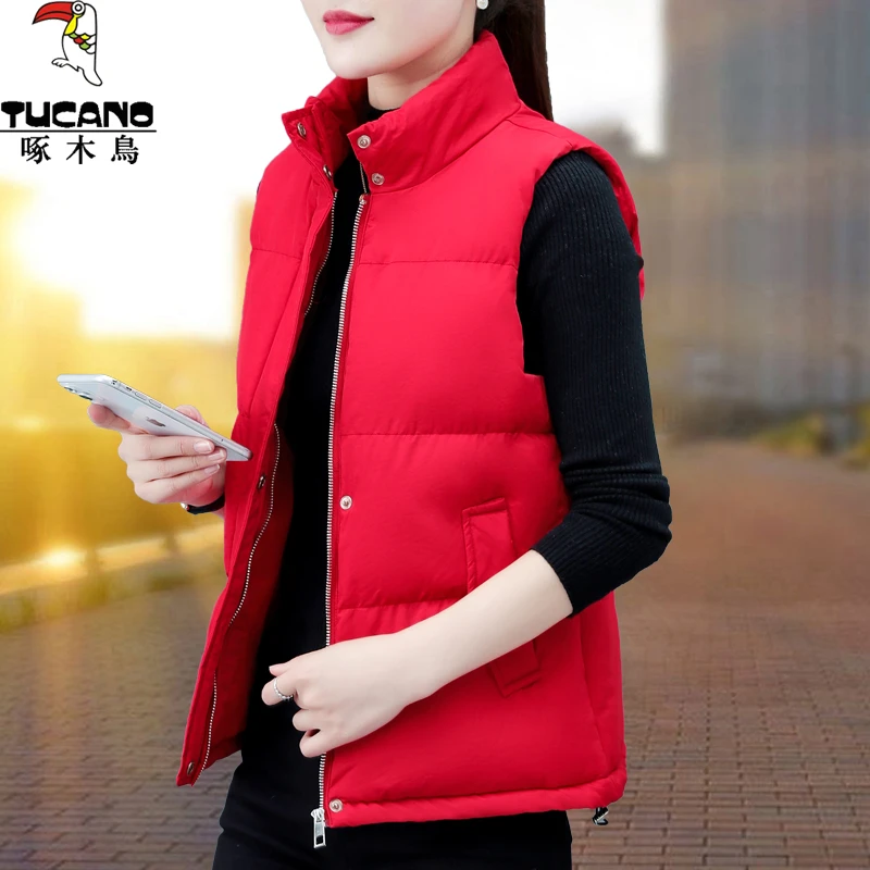 啄木鸟短款棉马甲女款冬季2023新款爆款大码背心立领外套外穿马夹