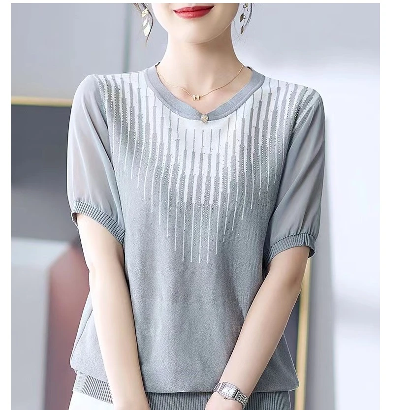 妈妈装2025夏季新款气质短袖上衣中老年人妇女装冰爽丝针织T恤衫