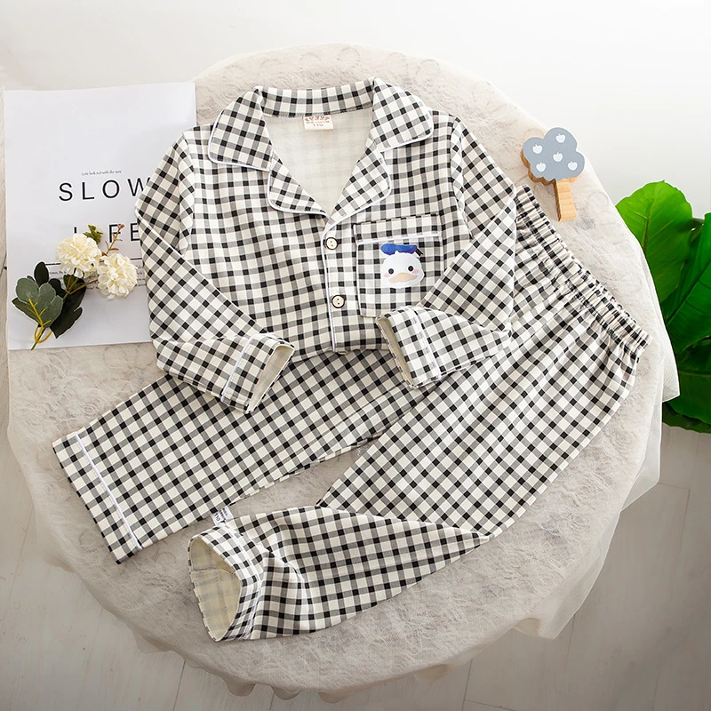 亲子装A类儿童纯棉睡衣格子长袖春秋季家居服套装男女童