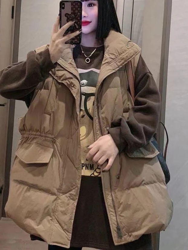 艾菜依韩版羽绒服马甲女羽绒服中长款秋冬季收腰显瘦宽松口袋马夹