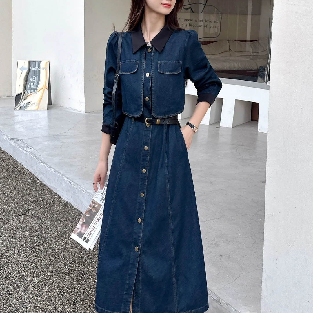 【茵姐推荐】2023早秋大牌感气质收腰时尚牛仔连衣裙2723