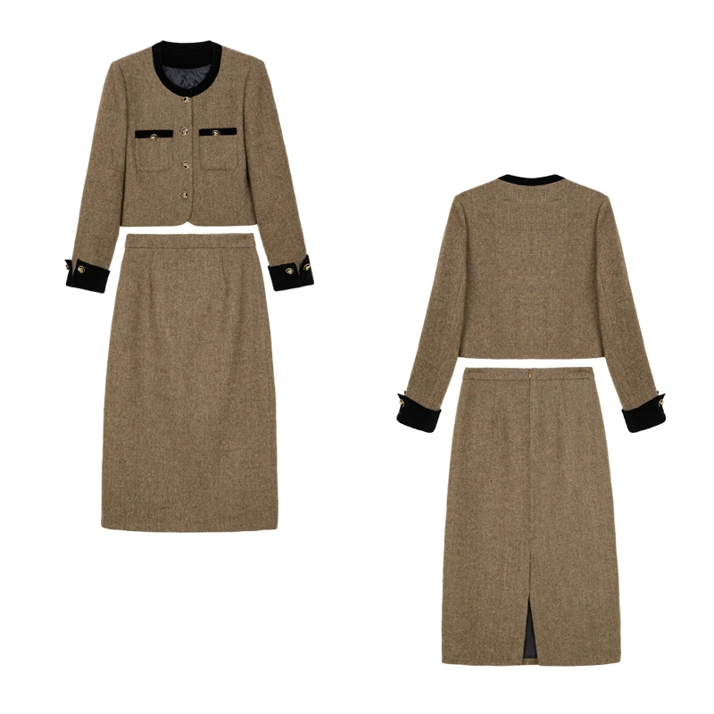 【茵姐推荐】秋冬轻奢气质显瘦修身小香风外套+半身裙羽绒套装