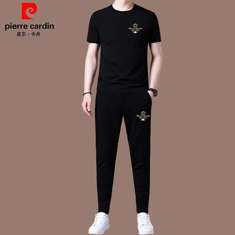 皮尔卡丹正品套装男短袖高端休闲运动男装新款冰丝圆领男士两件套