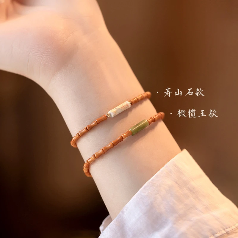 2024新款古风橄榄核手链女细款寿山石手串文艺优雅清新橄榄玉手饰