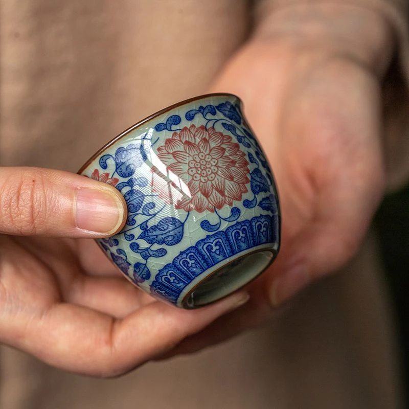 景德镇老陶泥品茗杯主人杯单杯茶碗青花瓷釉里红可乐杯小客杯家用