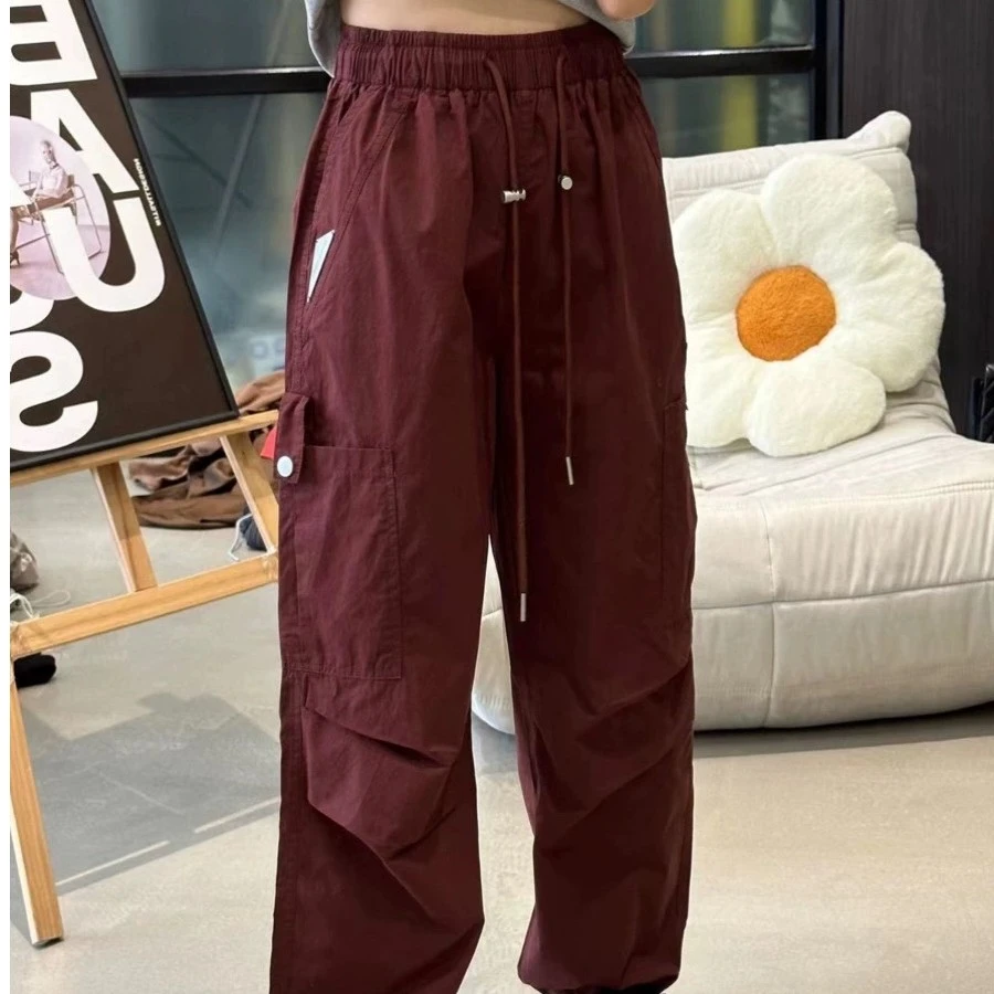 欧货夏季美式街头工装裤女高腰宽松百搭抽绳束脚多口袋休闲裤阔腿