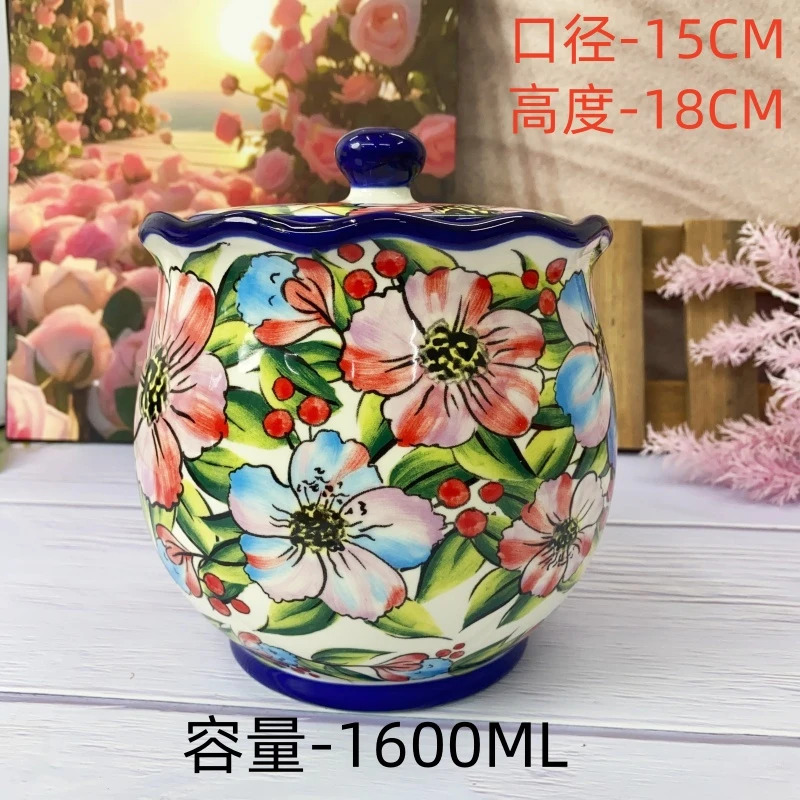 【欧礼HOME】七彩花系列大号密封罐手绘釉下彩家用陶瓷
