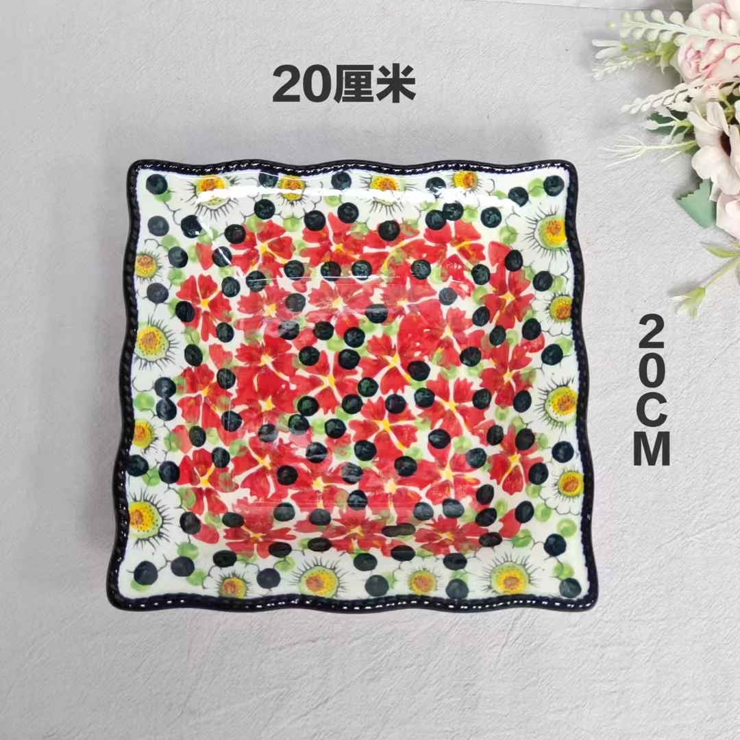 【欧礼HOME】红堇8英寸绳边方盘小清新手绘釉下彩陶瓷餐具