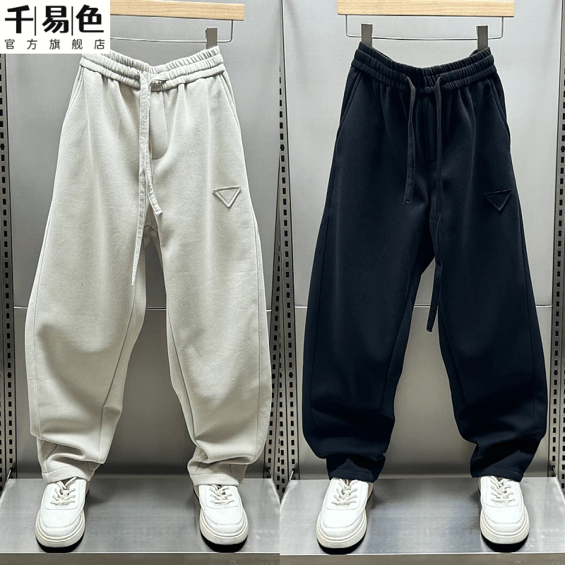 2025秋冬新款休闲弯刀裤男士韩版潮流宽松直筒拼接潮牌运动卫裤男