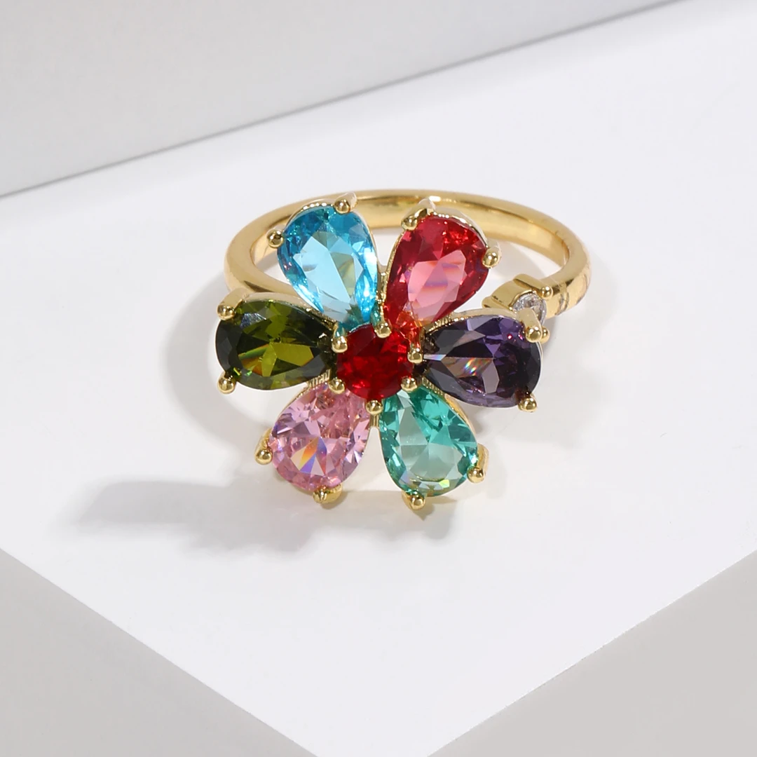 铜合金合成锆石戒指 JZ544轻奢百搭彩色开口可调节旋转戒指