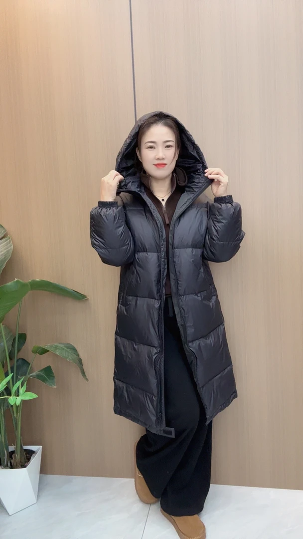 2207 黑色连帽女冬羽绒服服中长款过膝外套
