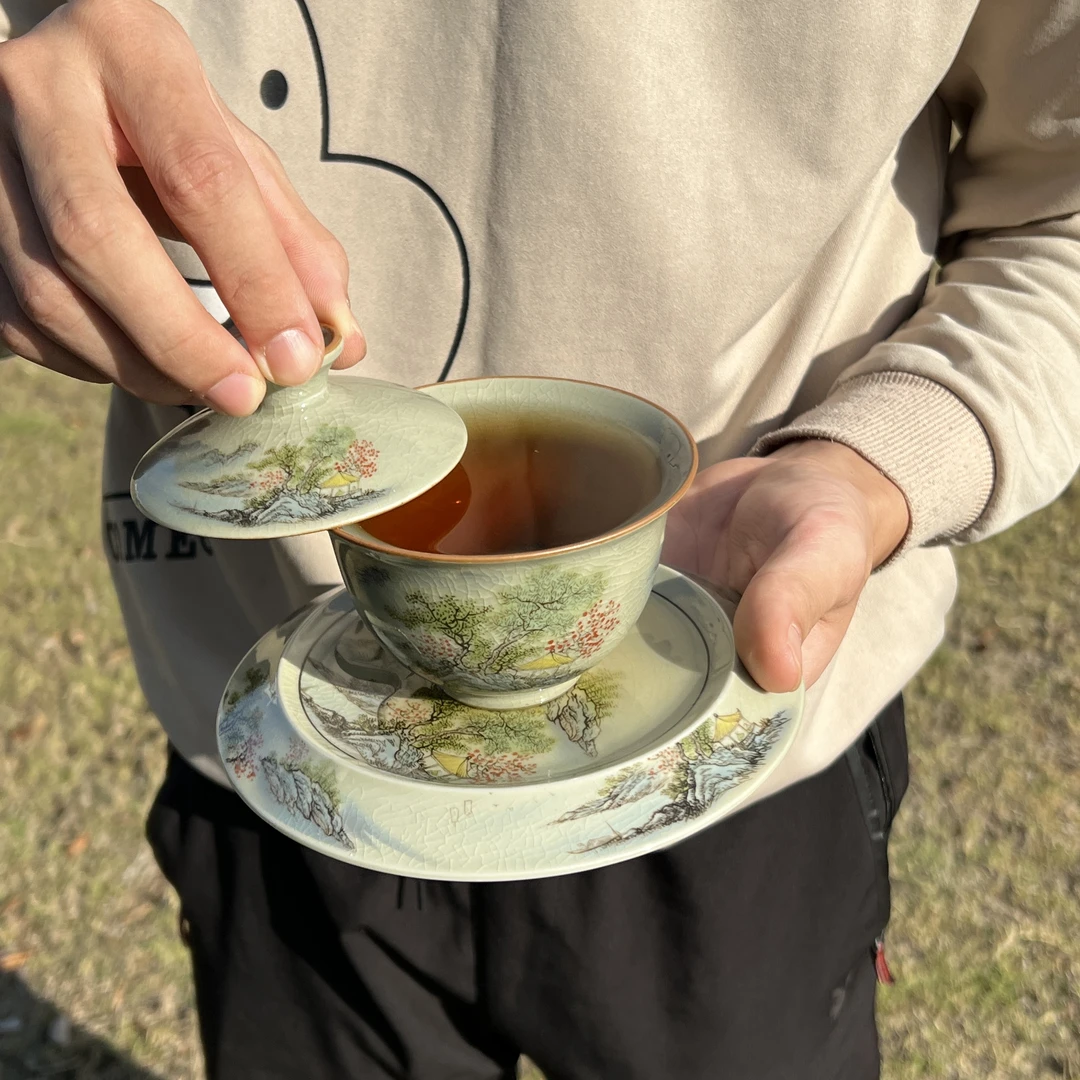 景德镇陶瓷茶具:老陶泥开片重工粉彩只此青绿大盖碗