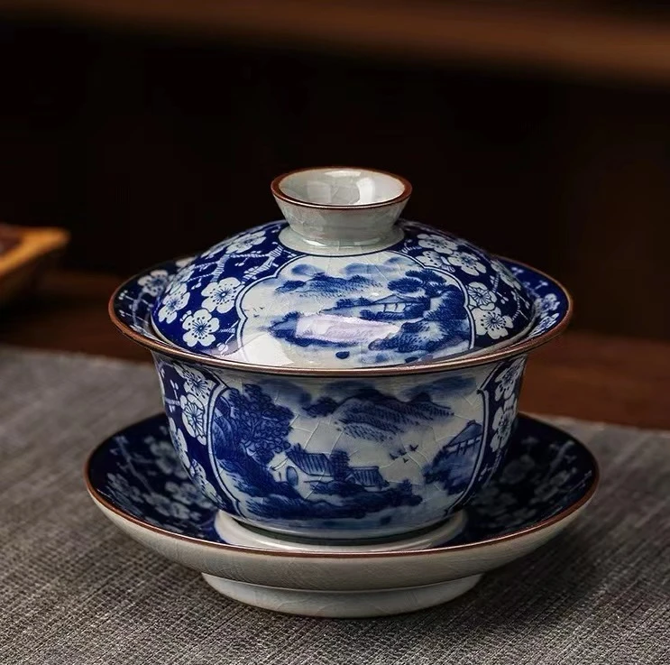 景德镇陶瓷茶具：老陶泥开片冰梅开窗山水盖碗（容量160毫升）
