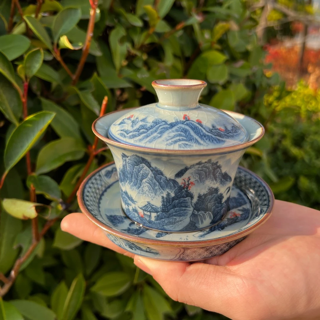 景德镇陶瓷：镇店之宝-老陶泥开片釉里红风水 手工盖碗防烫手 2001