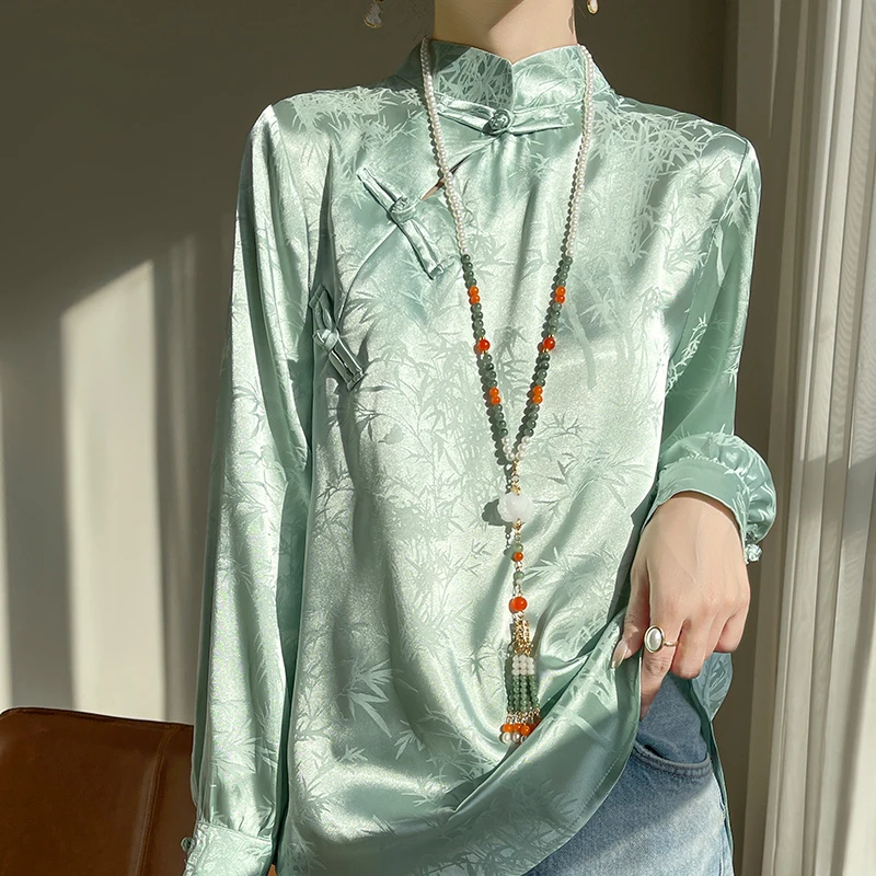 新款气质长袖复古提花斜襟新中式中国风春夏醋酸缎面衬衣上衣675