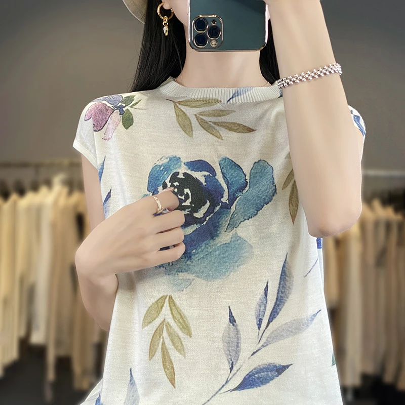 毛衣针织衫显瘦时尚夏薄款印花圆领套头中国风羊毛桑蚕丝短袖T恤