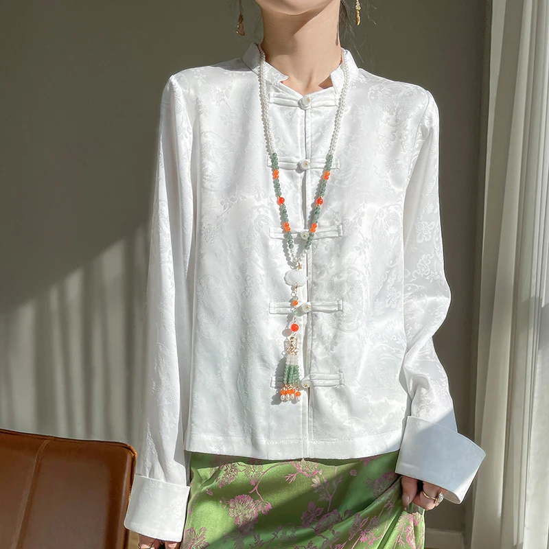 新中式长袖衬衫中国风立领春秋衬衣休闲缎面宽松提花多彩外套637