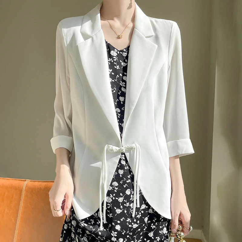 韩版气质短款夏季小众设计感缎面中国风小西服外套休闲白色一粒扣