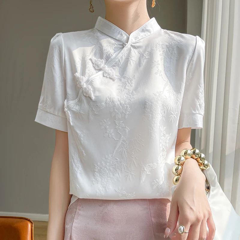 花边背心女内搭复古仿真丝提花盘扣短袖气质女夏中式中国风F30