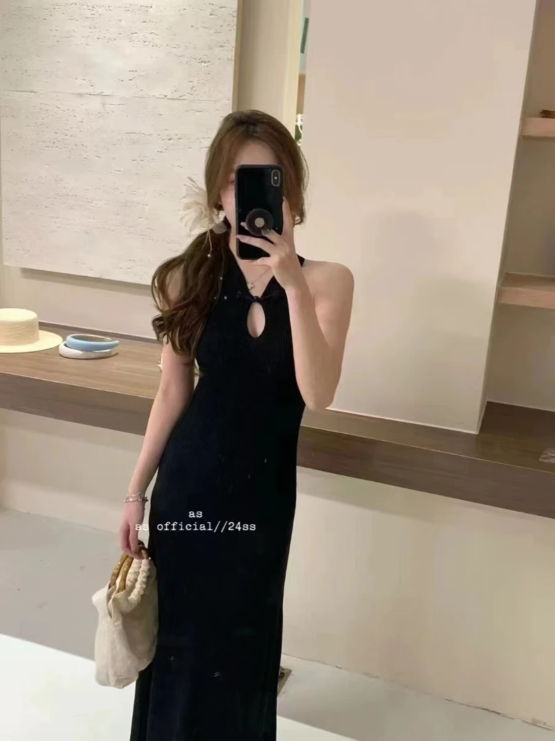 注：夏季长款夏装清仓no退换针织国风包臀连衣裙黑色裙子显瘦气质