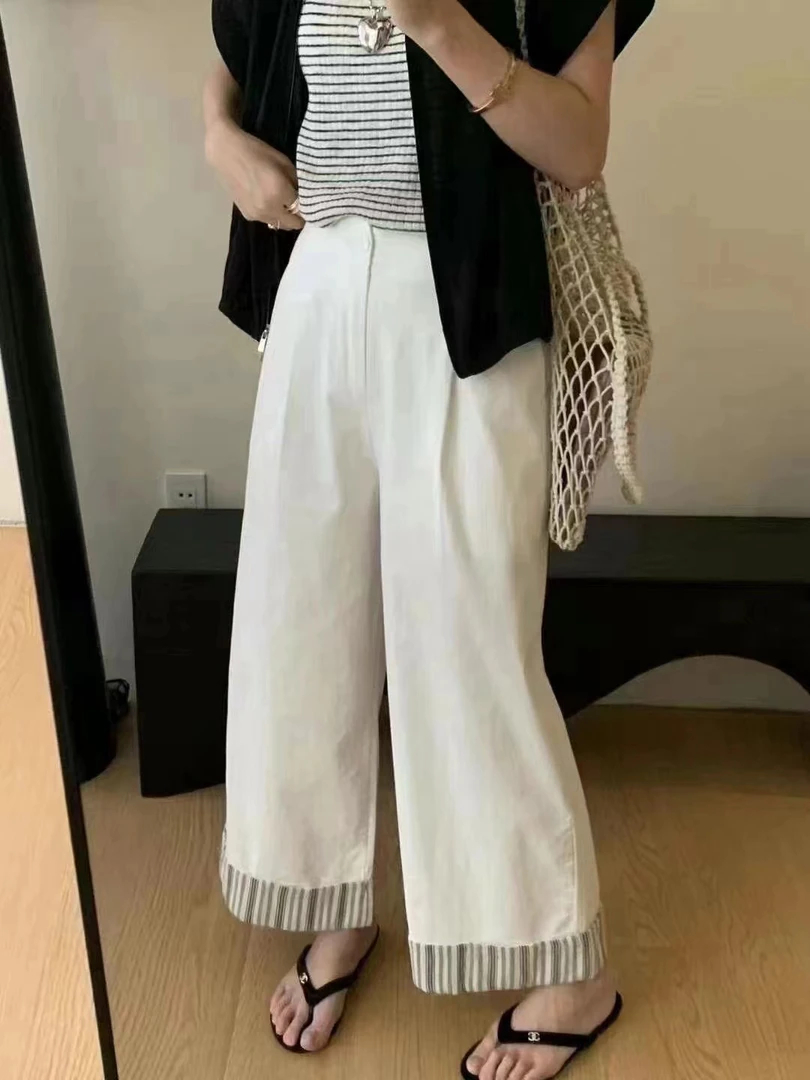 设计感裤脚条纹翻边阔腿裤女夏新品高腰显瘦休闲裤百搭九分裤薄款