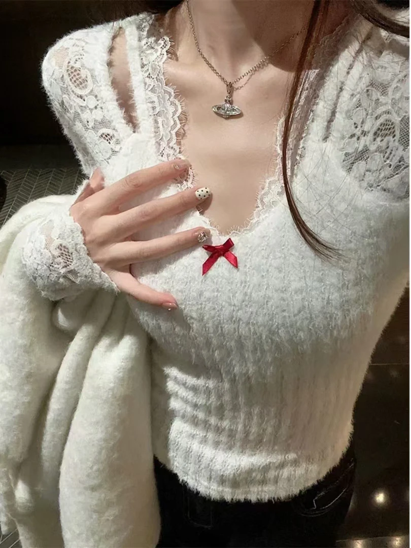 白色甜辣花边挂脖假两件长袖t恤女秋季针织衫修身内搭上衣