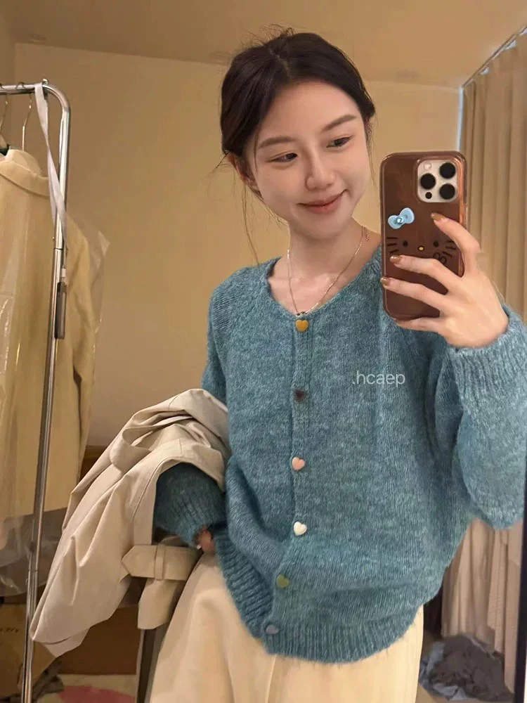 韩版2024年早秋潮流十三行甜美休闲减龄百搭彩色单排扣针织开衫女