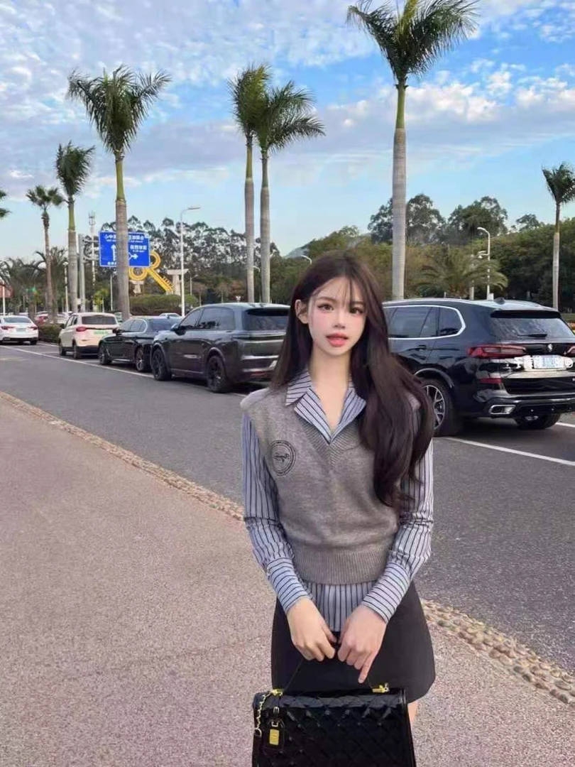 2024秋季新款时尚百搭条纹衬衫女+刺绣V领马甲背心两件套