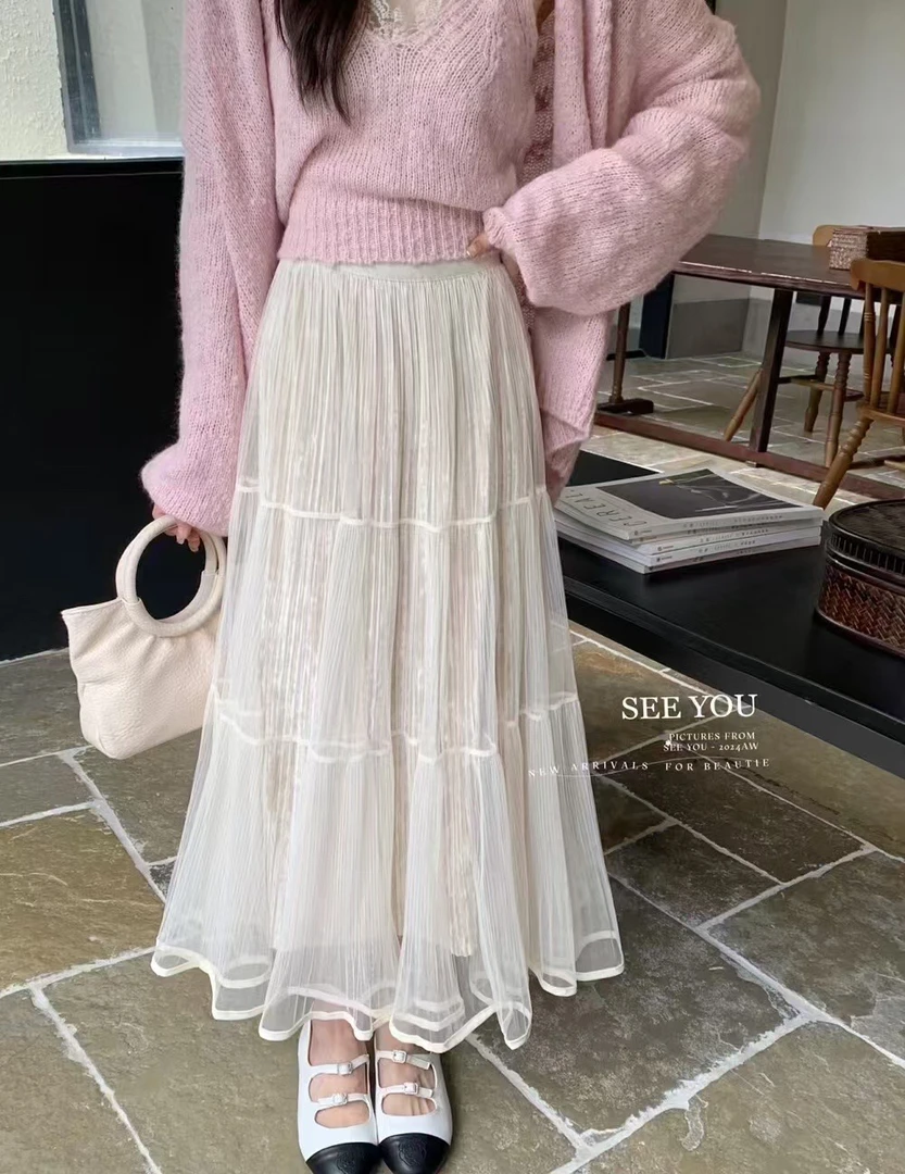 2024冬高级感小个子百搭a字裙网纱拼接百褶蛋糕裙半身裙