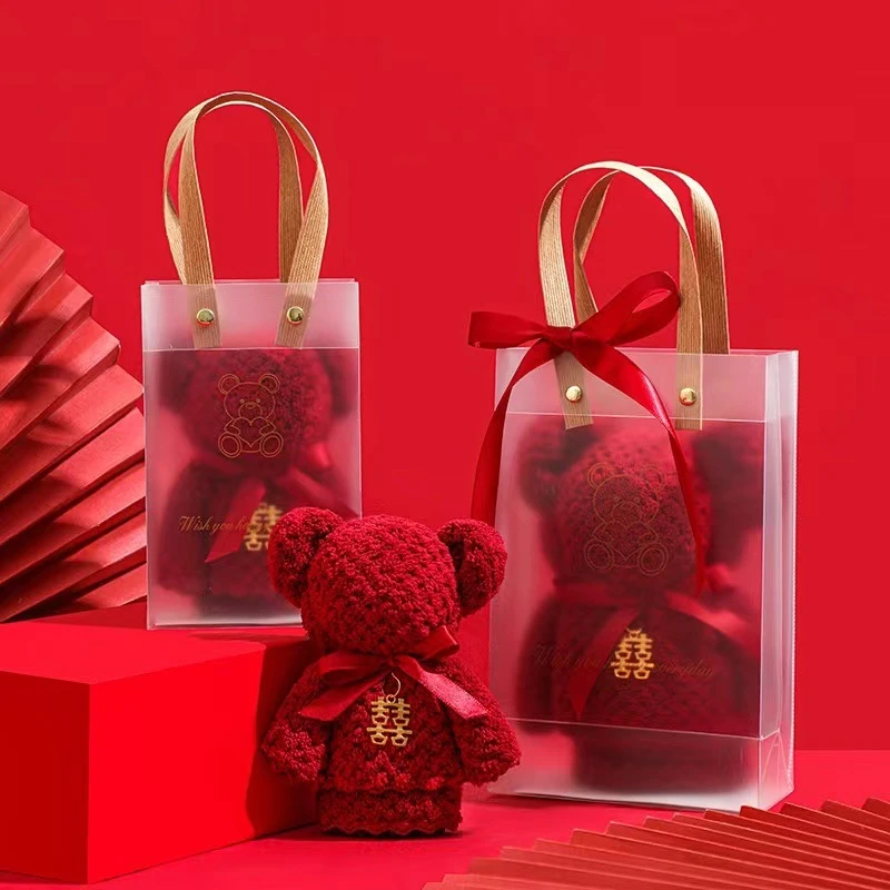 婚庆珊瑚红毛巾创意红色小熊毛巾喜铺结婚伴娘伴手礼回礼礼盒装