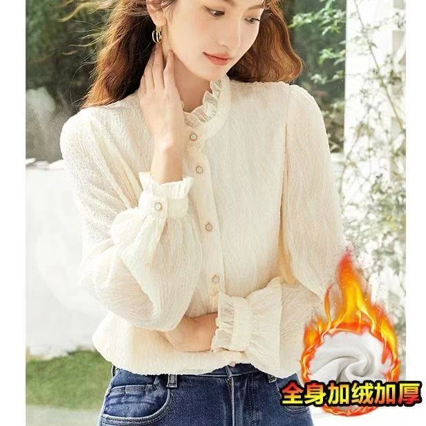 2024秋冬新款加绒加厚立体压花木耳边立领衬衫时尚内搭单穿上衣女
