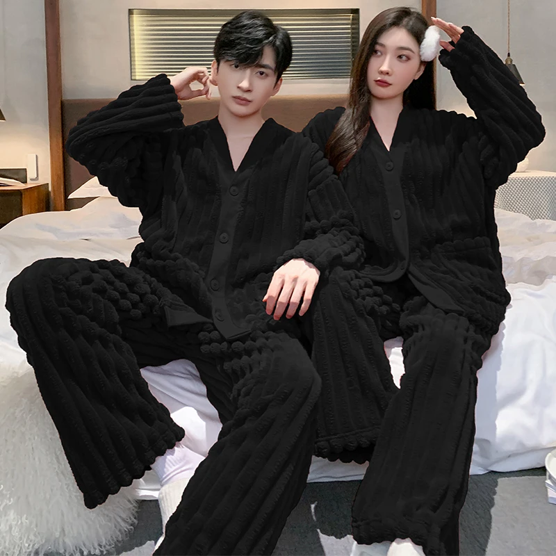 珊瑚绒睡衣情侣装一男一女秋冬季加绒加厚网红风家居服套装可外穿