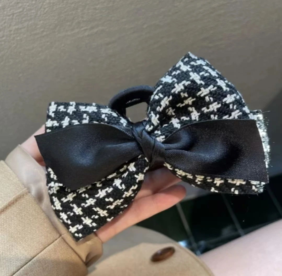 韩国ins毛呢格纹蝴蝶结大号抓夹 气质盘发鲨鱼夹2024秋冬新款甜美