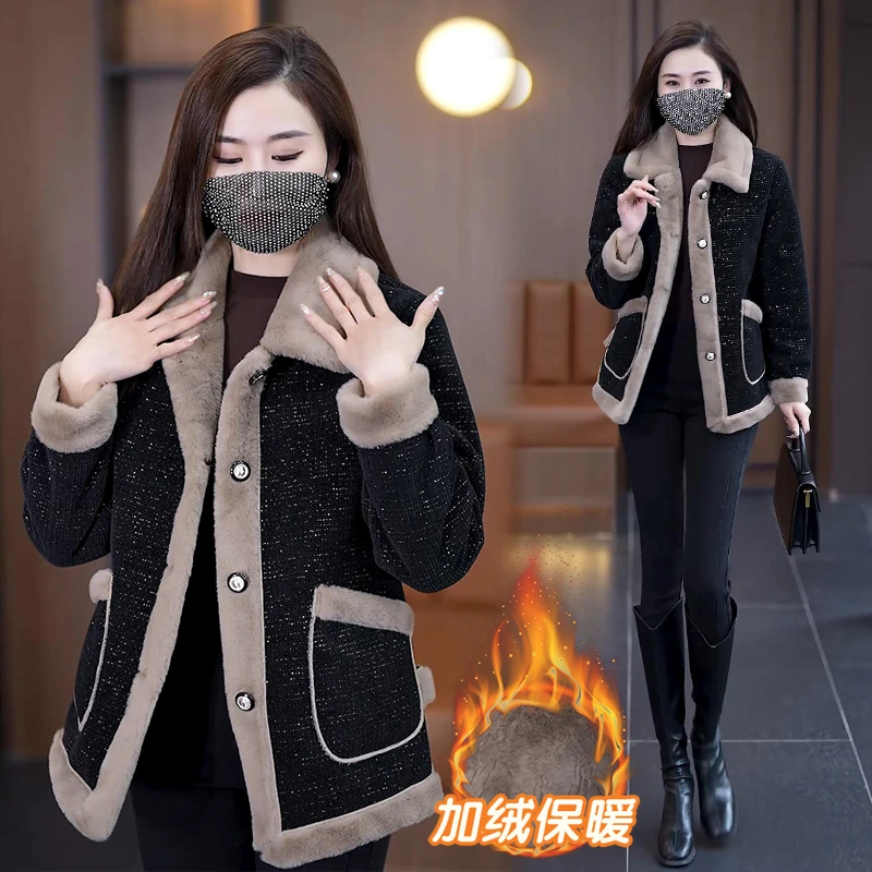 加绒加厚休闲中年妈妈装外套2024年冬季新款高级感洋气小香风毛呢