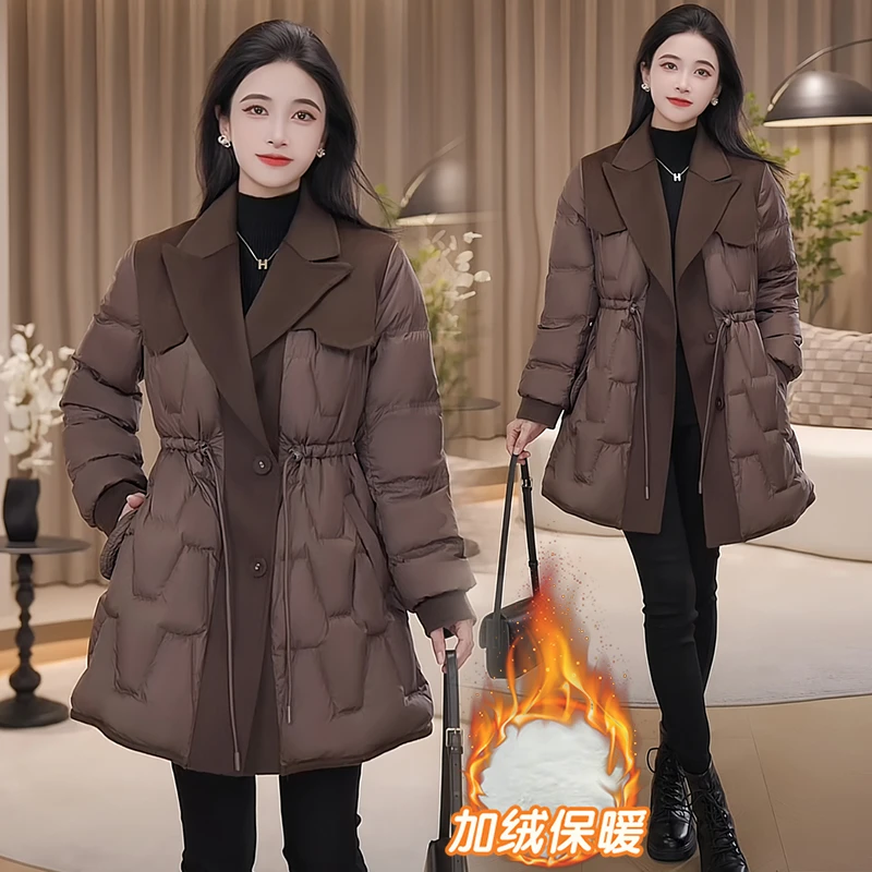 2024冬季时尚宽松显瘦洋气保暖休闲中长款羽绒棉服女加绒加厚外套