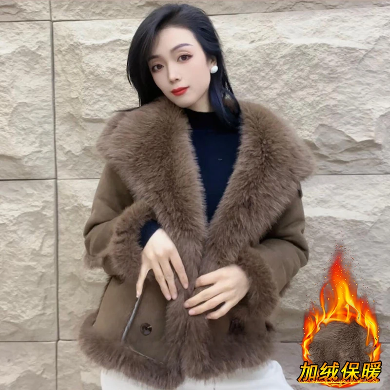 韩系皮毛一体毛绒外套女2024新款冬季加厚加绒时尚高级感秋冬大衣