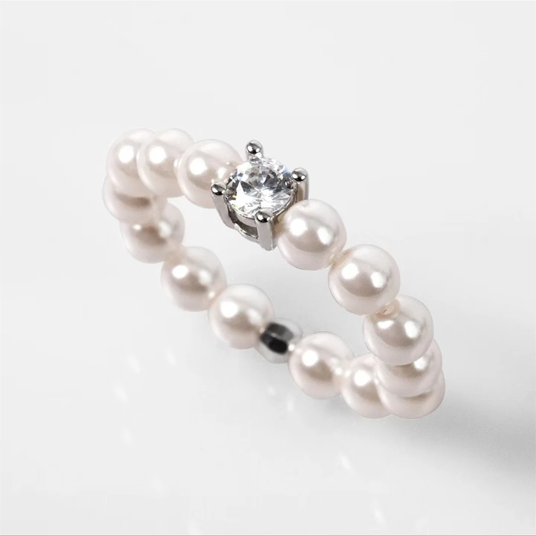 铜合金仿珍珠戒指 方糖锆石珍珠戒指女小众高级轻奢弹力戒指ins风