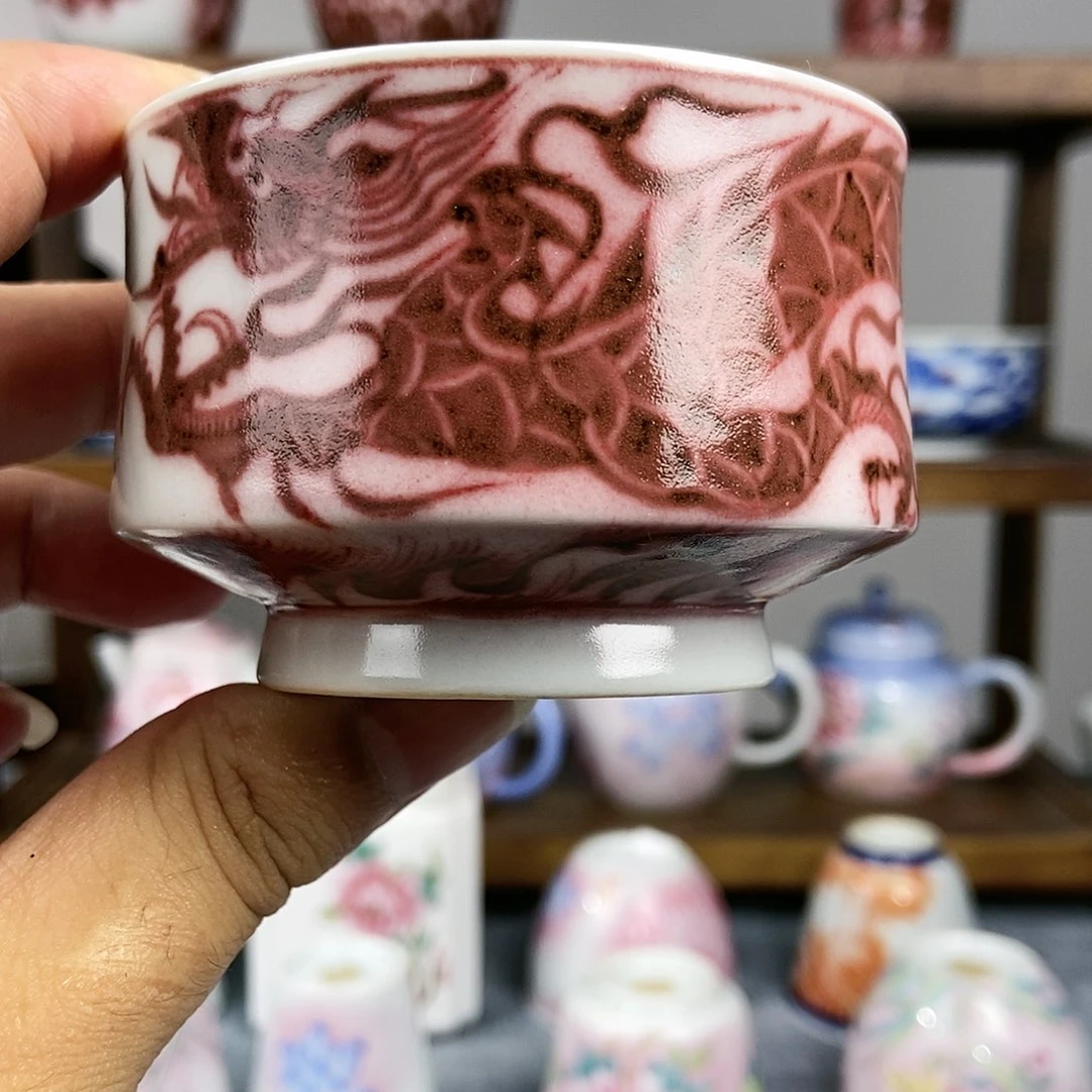 生**花景德镇釉里红龙纹马蹄杯