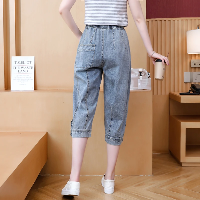 短裤女牛仔A字裤高腰显瘦中裤七分裤辣妹搭配夏松紧腰韩版铅笔裤