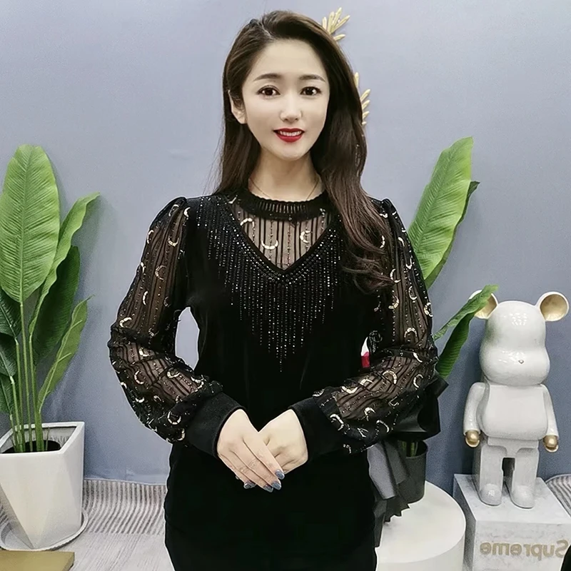 秋冬新款气质网纱丝绒打底衫蕾丝女洋气显瘦黑色百搭时尚减龄小衫