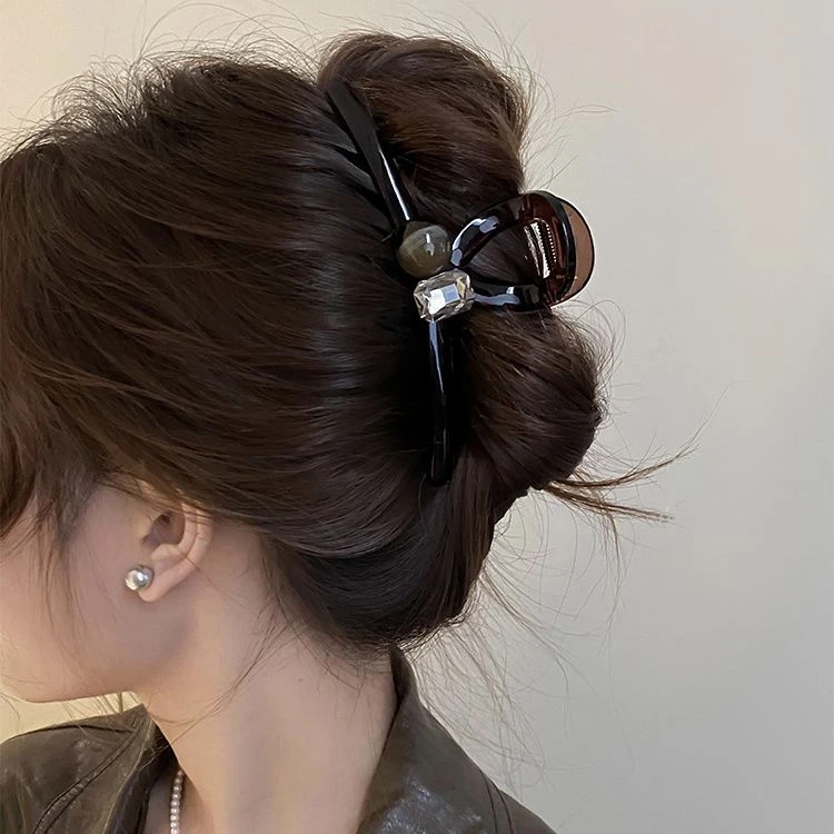 复古气质咖色圆球大号亚克力发夹女发量多后脑勺盘发抓夹鲨鱼夹子