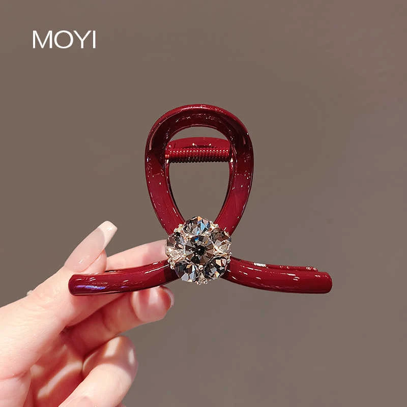 小众气质简约双面纯色鲨鱼夹女红色时尚水钻花复古半扎发抓夹发夹