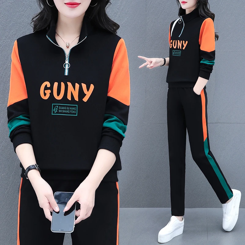 【官方】显瘦polo领休闲运动服套装女春秋中年妈妈立领长袖卫衣套装