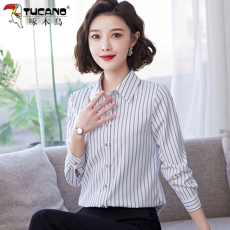 啄木鸟经典大气休闲百搭黑白女士OL衬衣条纹衬衫长袖春秋新款上衣