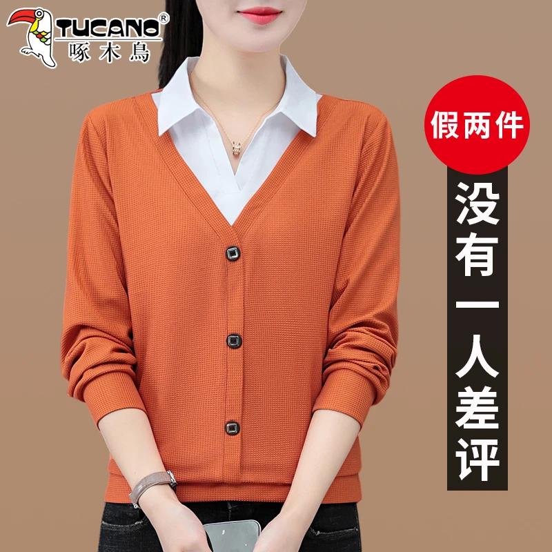 【官方】啄木鸟翻领假两件卫衣女春秋洋气时髦中年妈妈polo领上衣
