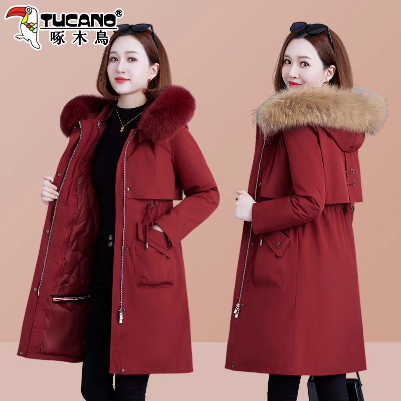 【官方】啄木鸟羽绒服女中长款新时尚修身真毛领可拆卸派克服外套