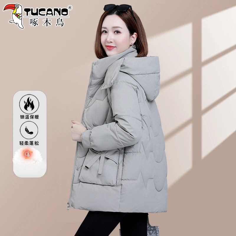 【官方】啄木鸟时尚中长款棉服女新款冬季加厚大码洋气女士棉衣棉袄