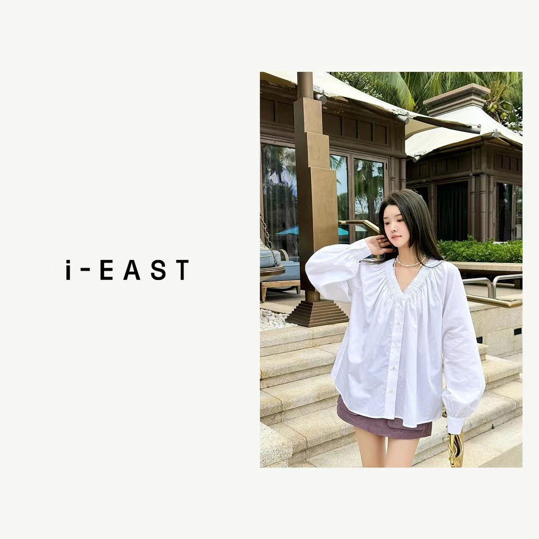 i-EAST 西慕恋人~春季V领简约衬衣上衣-4C T12134